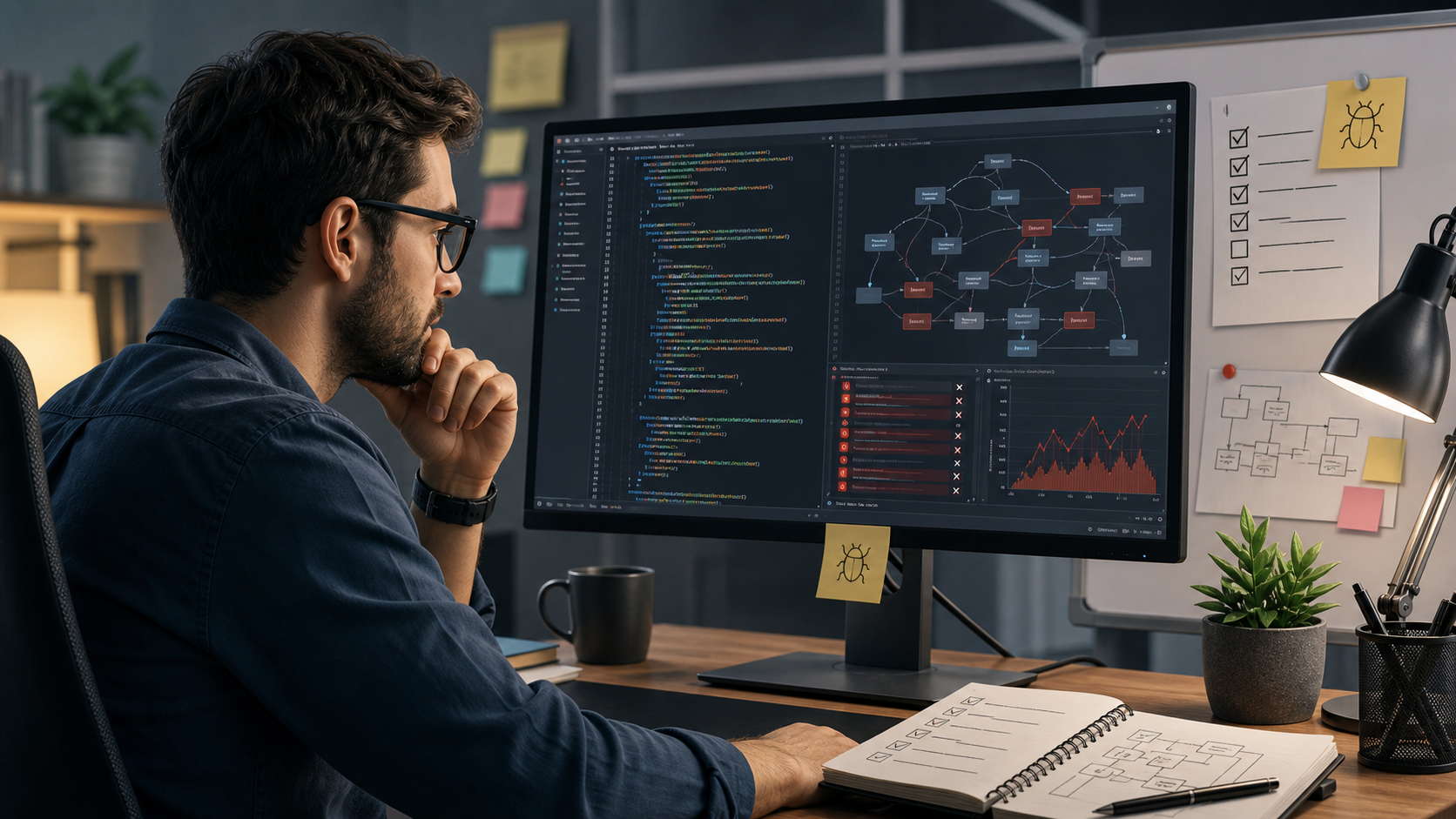 Developer reviewing AI-generated code for bugs, architecture issues, and maintainability risks