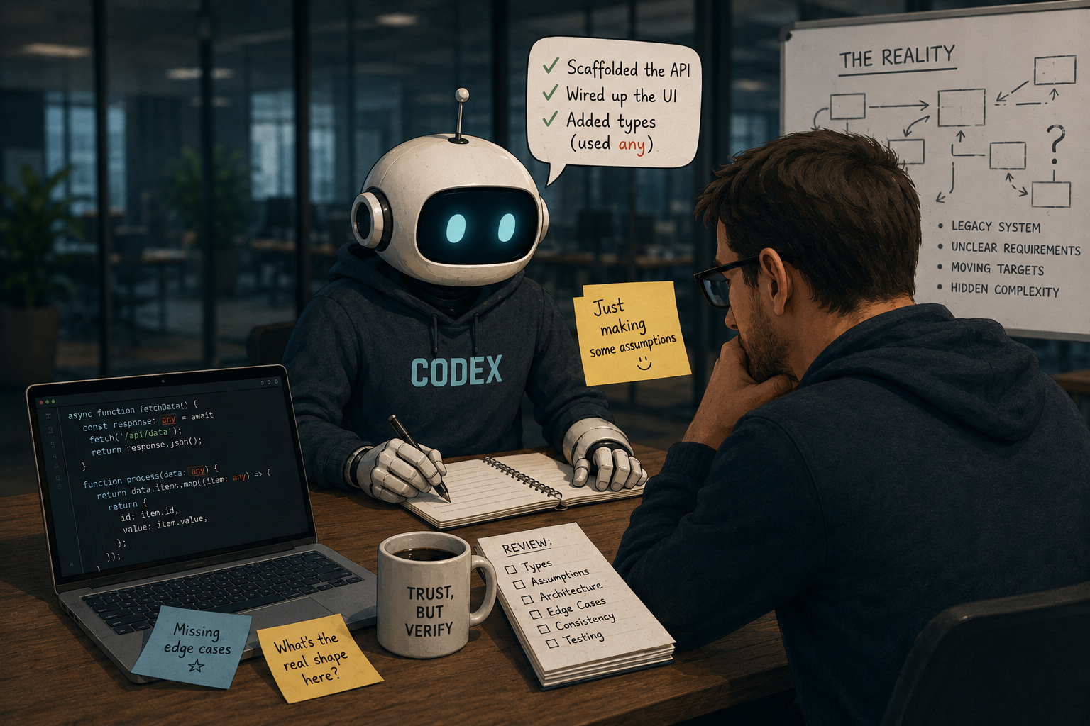 Illustration representing an AI coding assistant acting like a junior developer under supervision