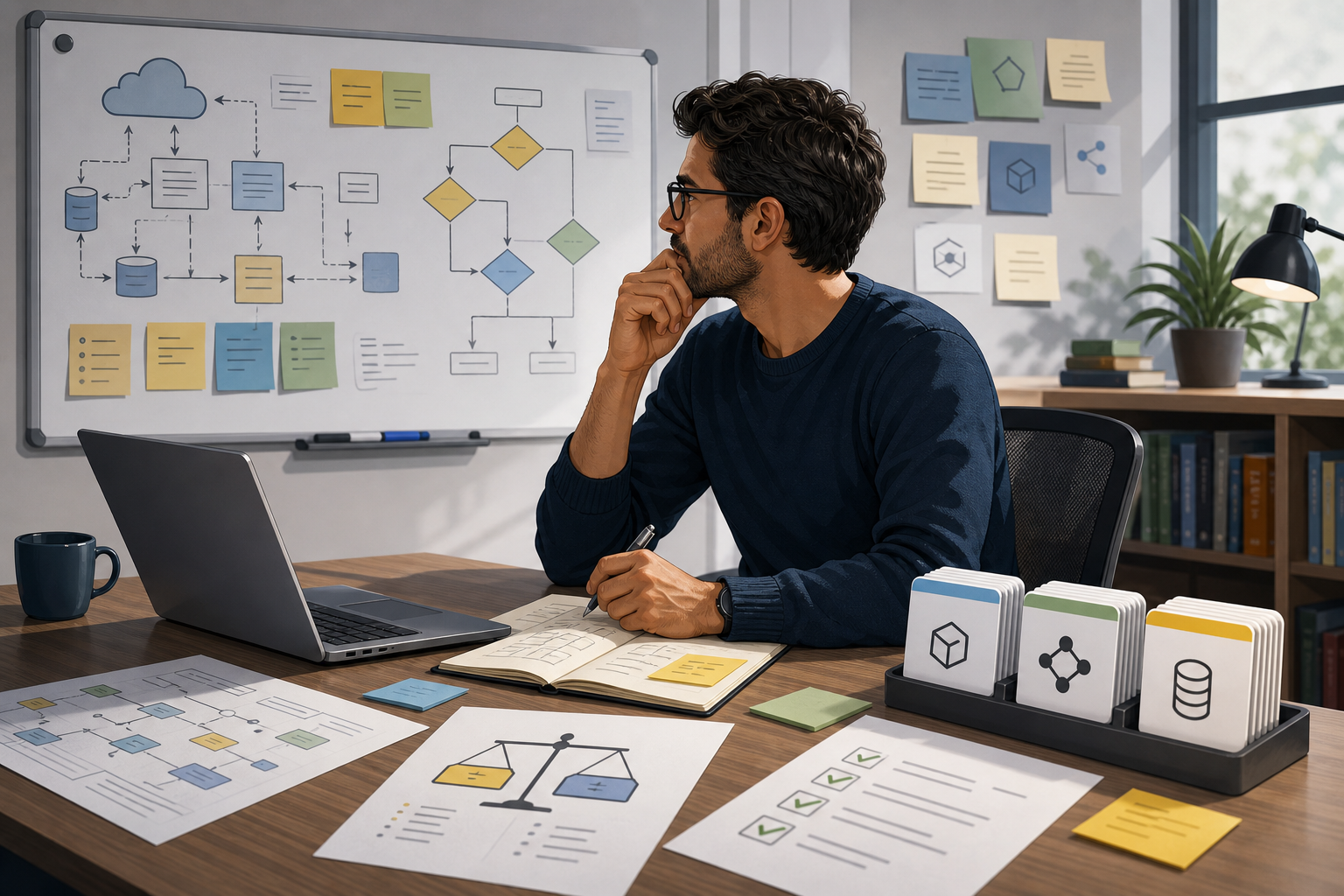 Senior software engineer evaluating architecture decisions, tradeoffs, and test checklists instead of memorizing API details