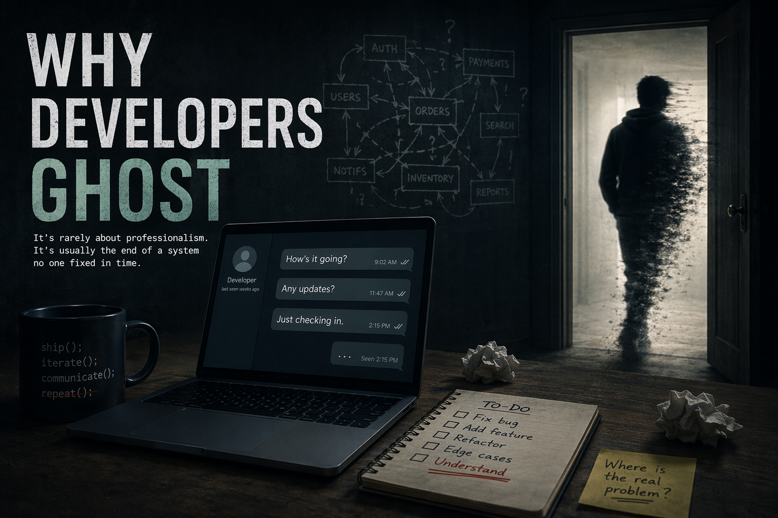 Illustration representing a software developer fading away from an overwhelming project