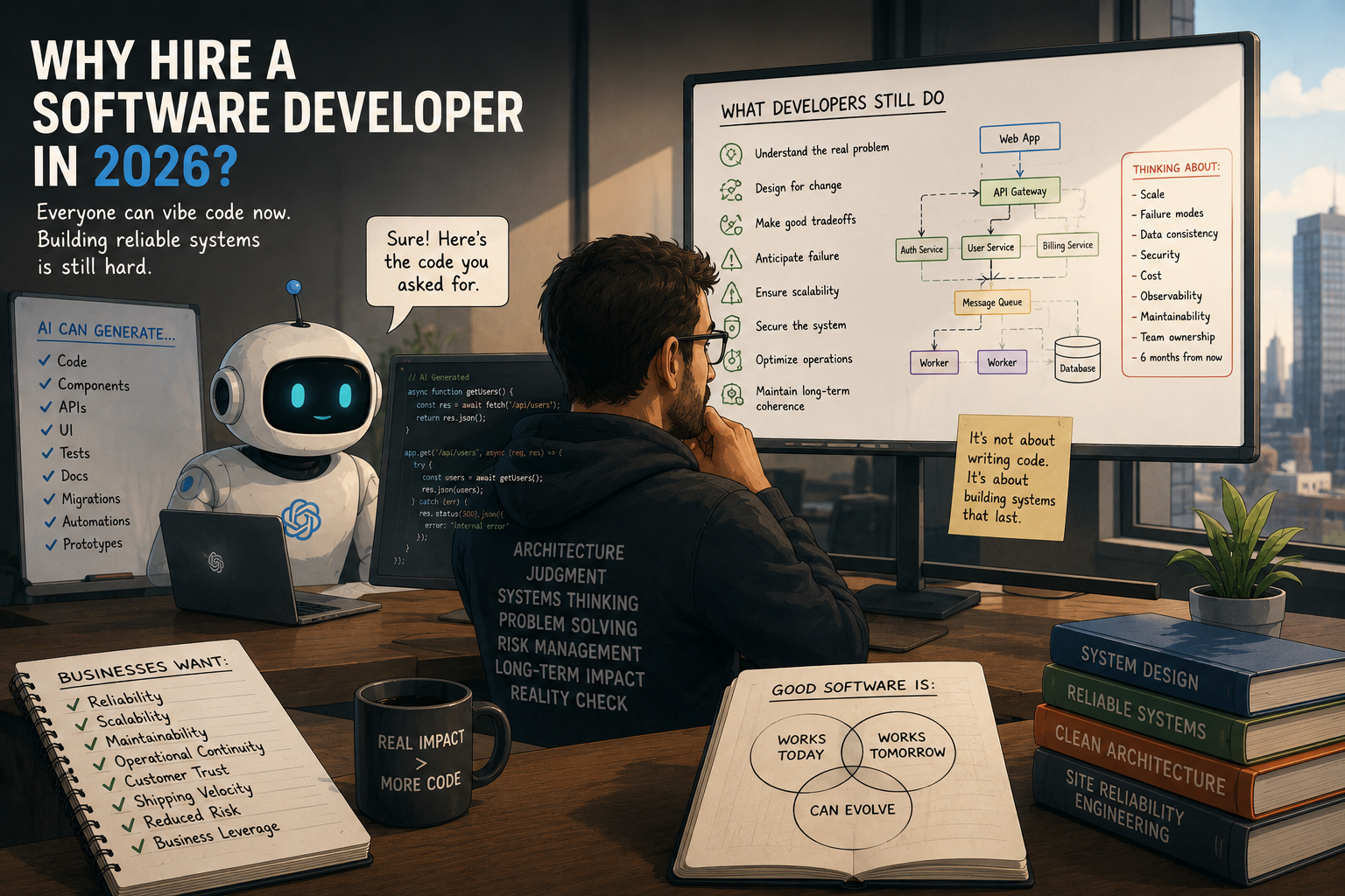 Illustration representing a human software engineer supervising AI-generated code and complex systems