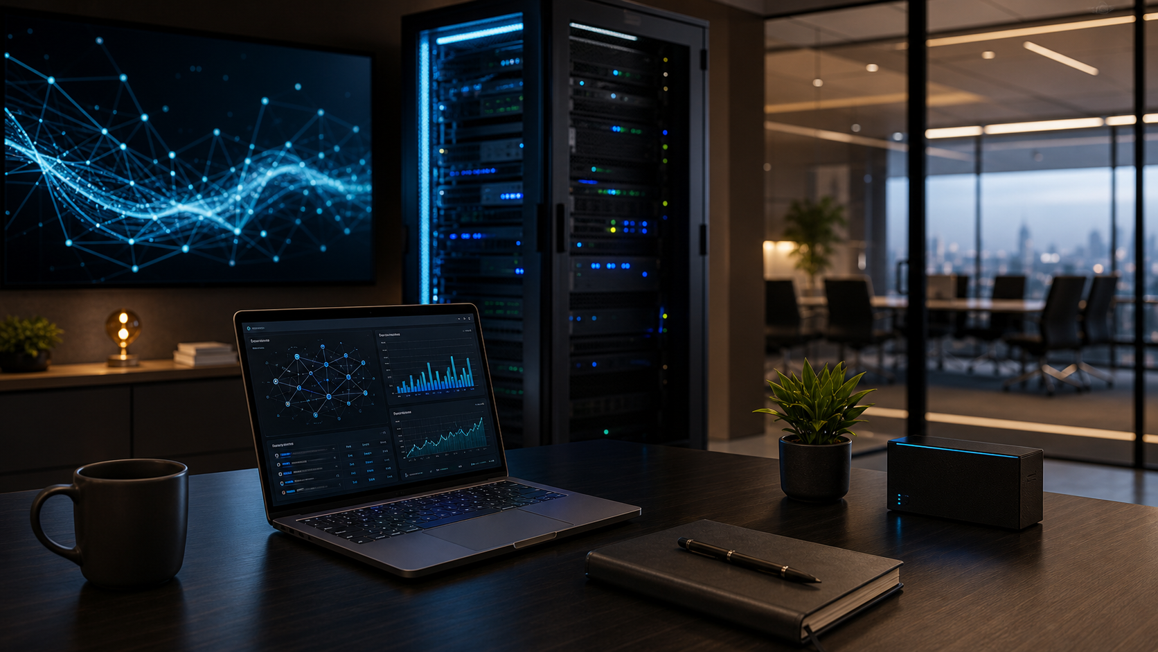 Private enterprise AI infrastructure with secure servers, analytics dashboards, and business-owned data systems