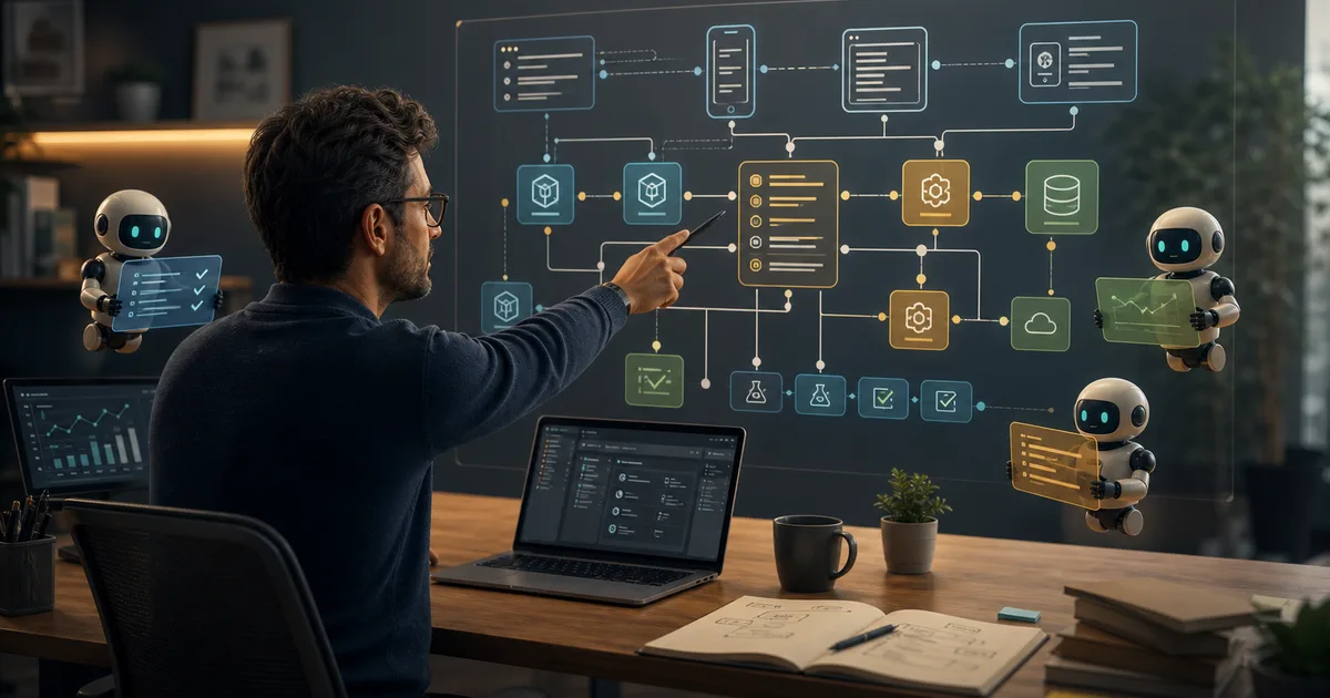 Senior software engineer directing AI coding agents across an architecture map of code, APIs, databases, tests, and app clients