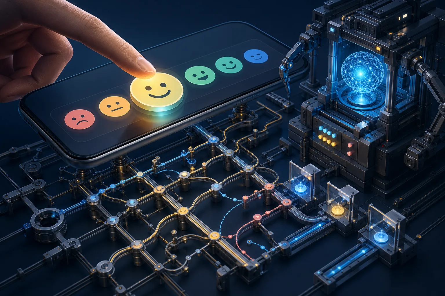 A finger drags an enlarged reaction across a polished phone interface above an exposed state machine and an AI system supported by extensive engineering scaffolding