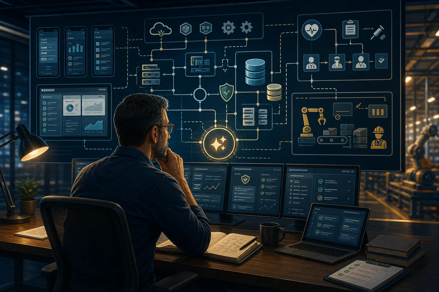 Software engineer supervising interconnected mobile, web, backend, database, healthcare, and manufacturing systems with AI as one tool in the workflow