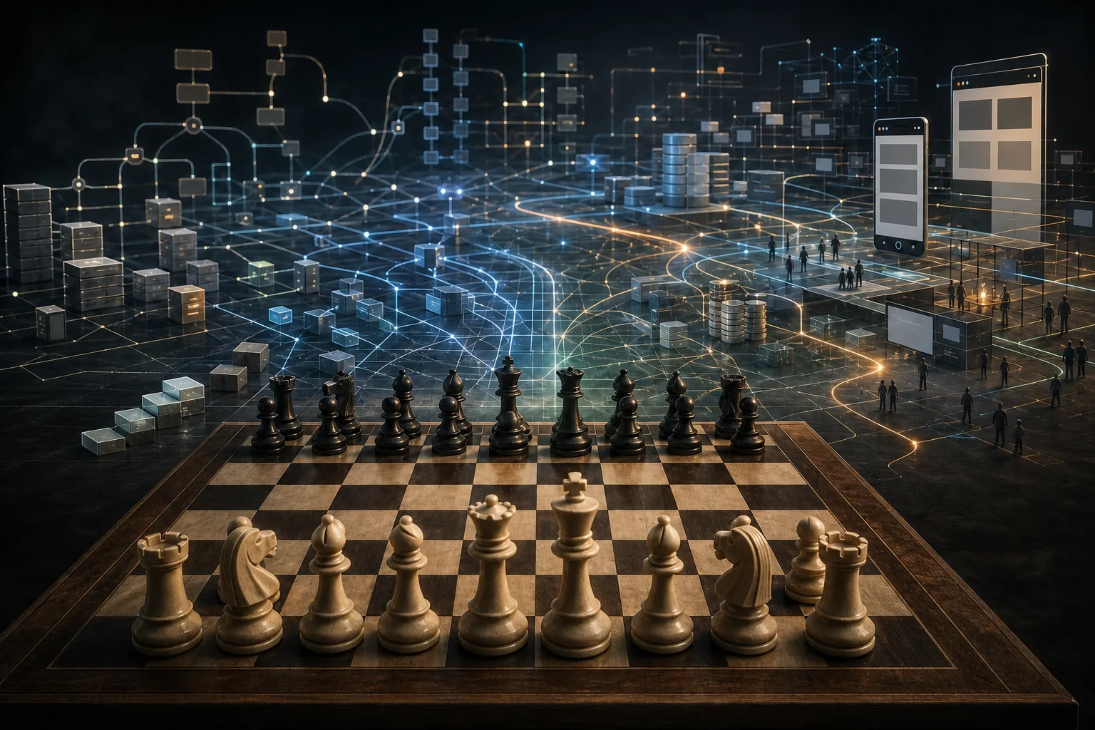 A finite chessboard opening into a complex, evolving world of software systems, networks, data, and people