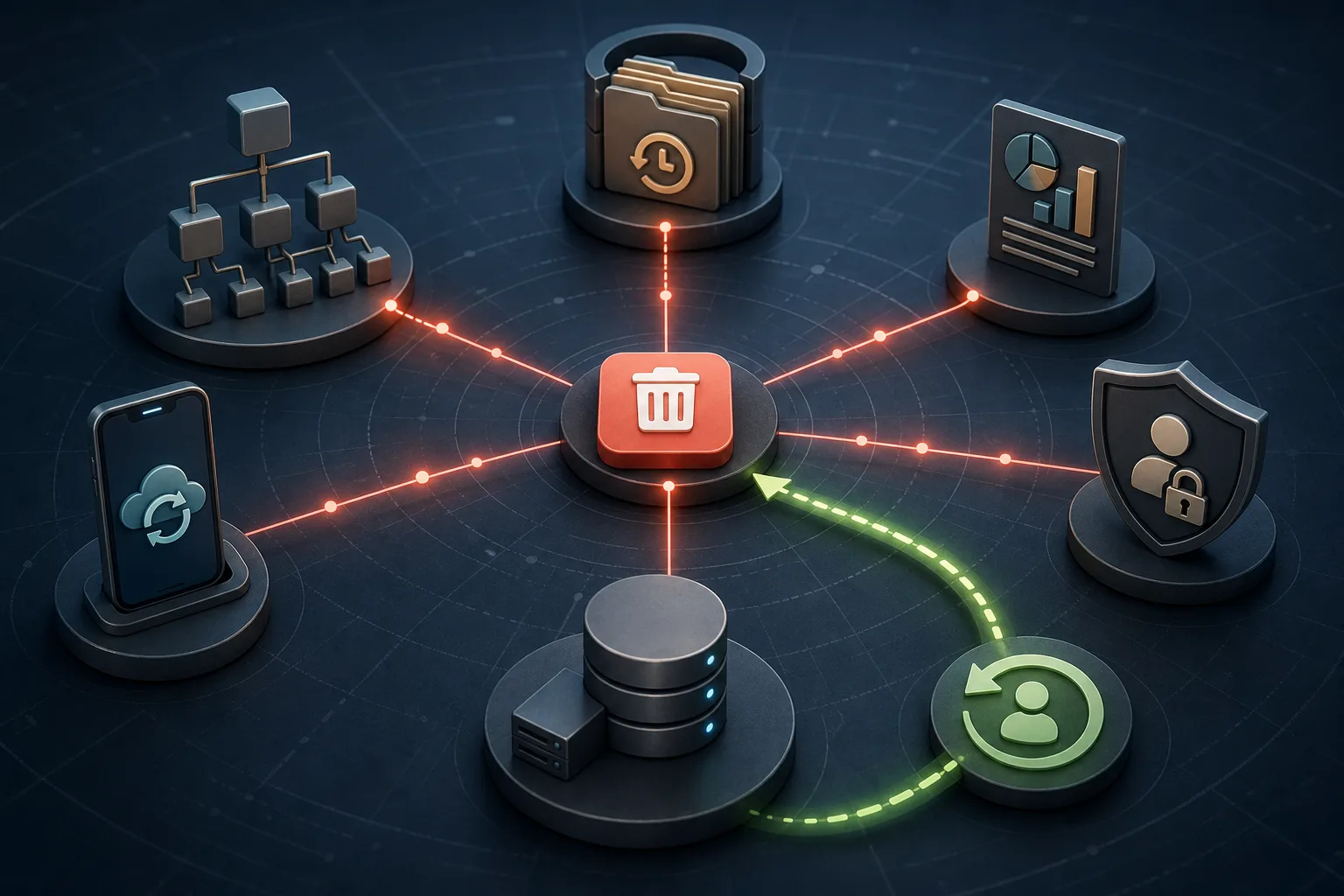 A delete control connected to hierarchical records, retained history, reporting, permissions, offline mobile synchronization, backend data, and an authorized restore path