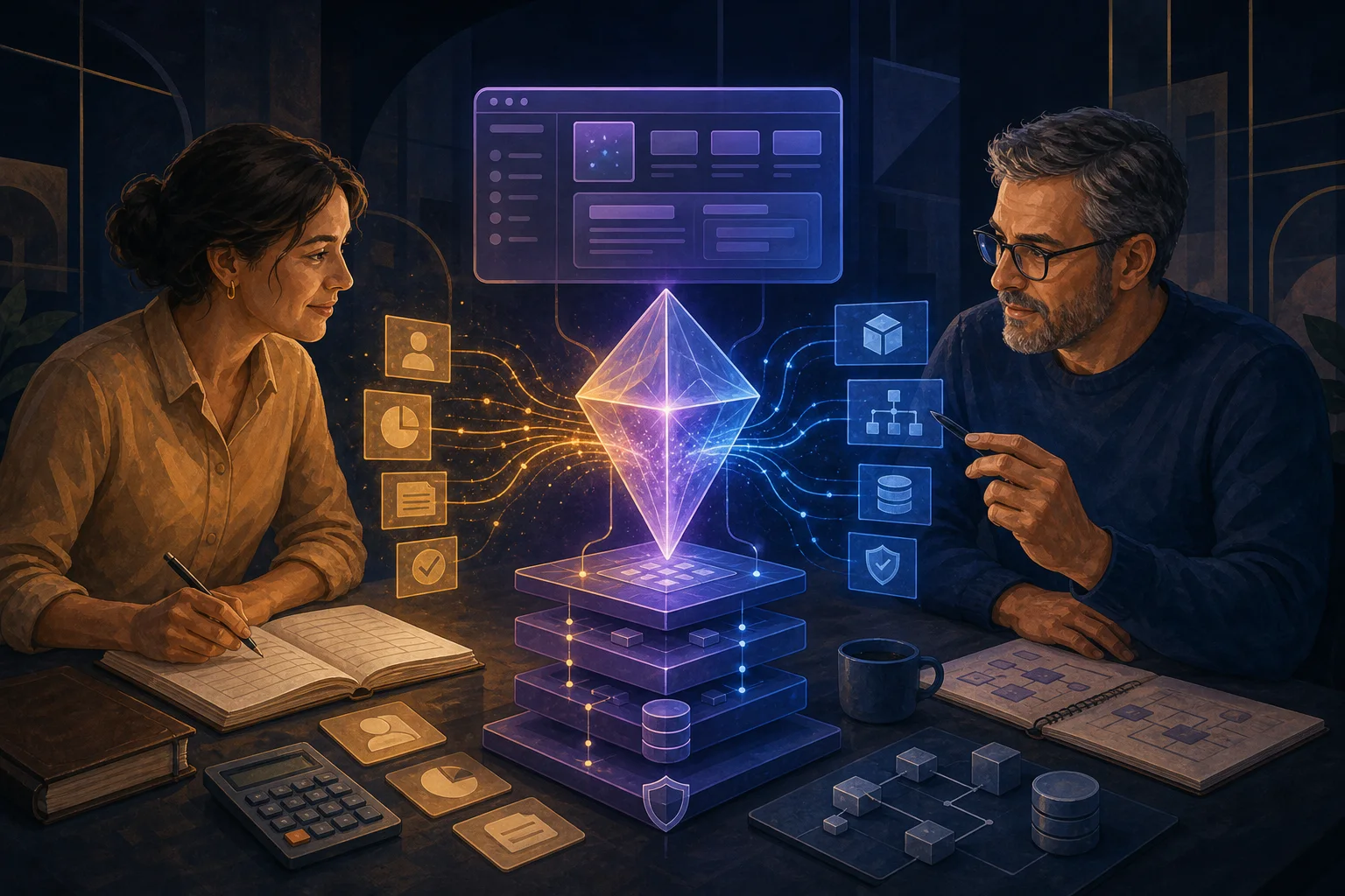 Domain expert and engineer reviewing an AI-assisted software system