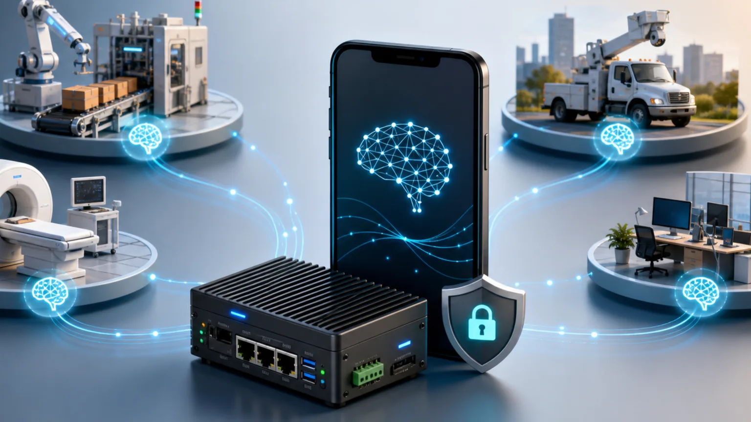 Mobile and edge devices running AI inference locally for factory, healthcare, field service, and office workflows