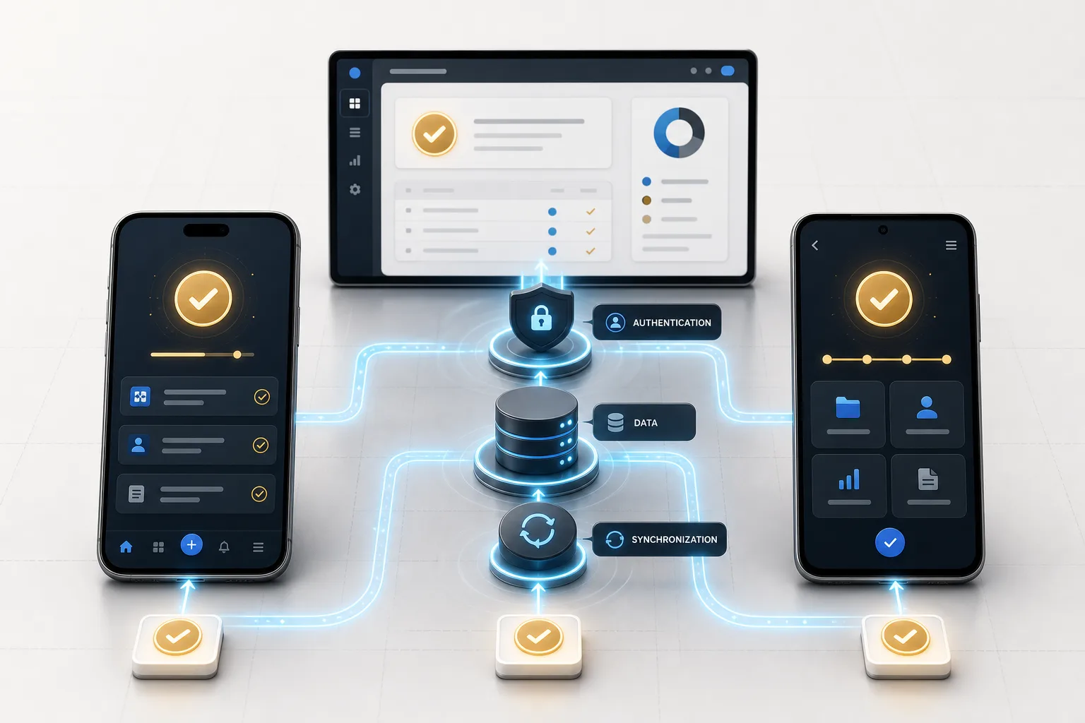 Two different mobile interfaces connected through the same authentication, backend data, synchronization, and web system to produce one consistent business result
