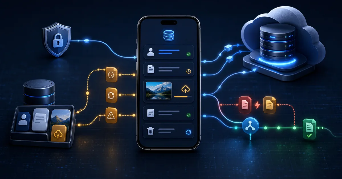 Offline-first mobile app reconciling queued local changes, authentication, media uploads, and server data