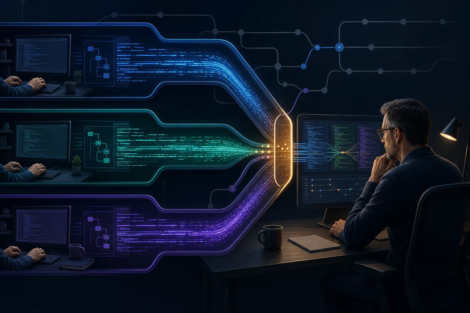 Three isolated AI coding worktrees converging at a senior engineer's review and integration gateway