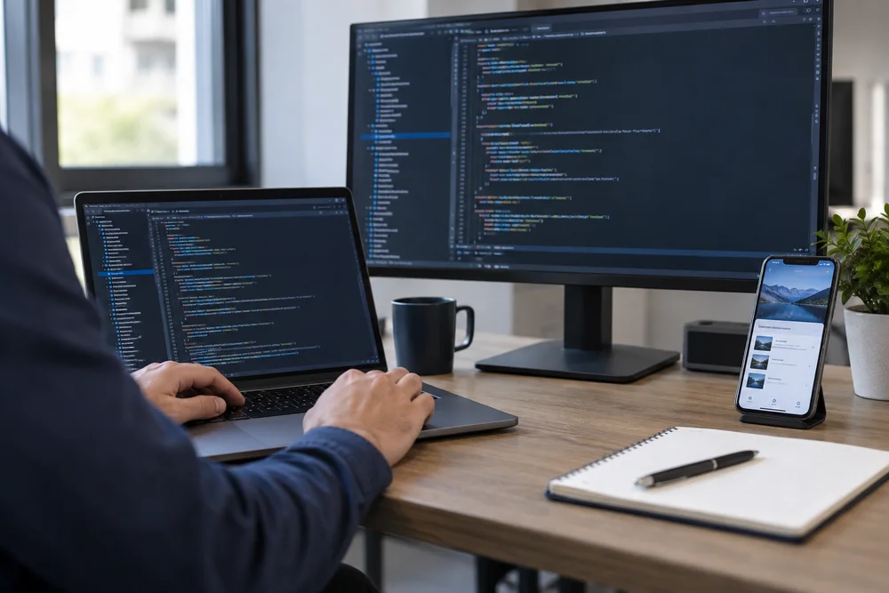 AI-generated editorial image of a software development workspace
