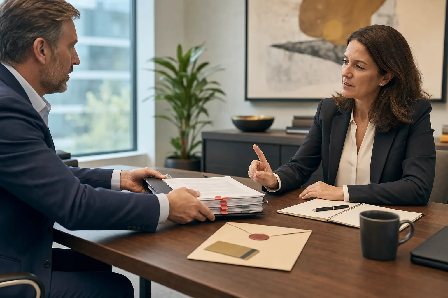 A software consultant and prospective client discussing a custom contract and its independent legal review